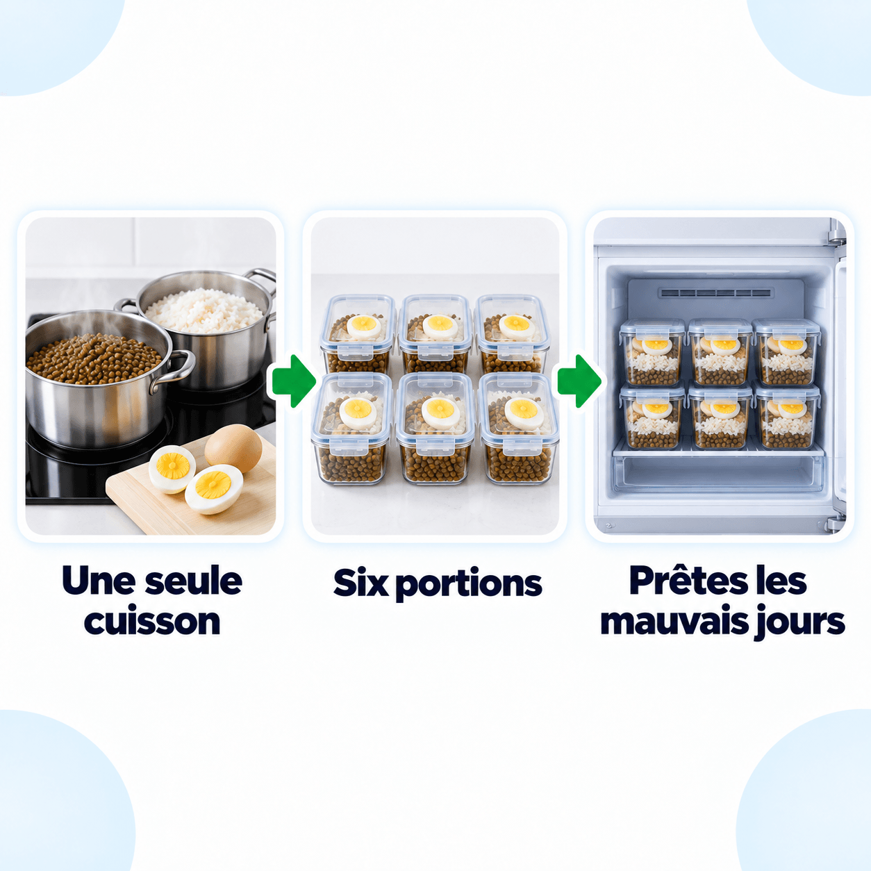 Cuisiner une fois pour la semaine sous Wegovy ou Mounjaro : lentilles, riz et œufs durs répartis en portions individuelles à congeler