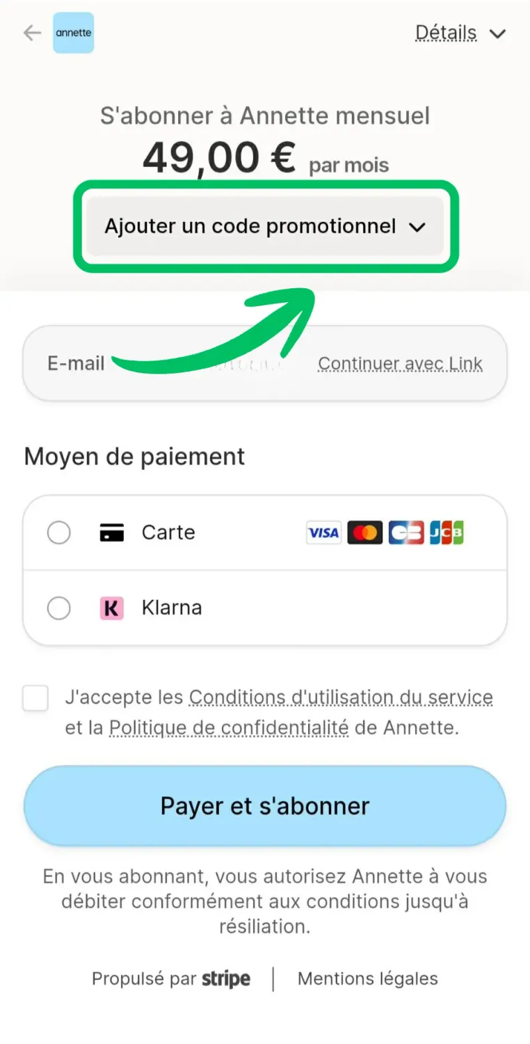 Toucher Ajouter un code promotionnel sur l'écran de paiement Annette