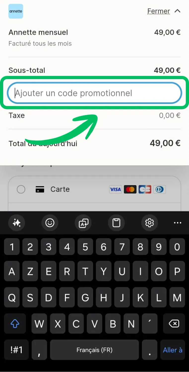 Le champ de saisie du code promo Annette s'ouvre sous le sous-total