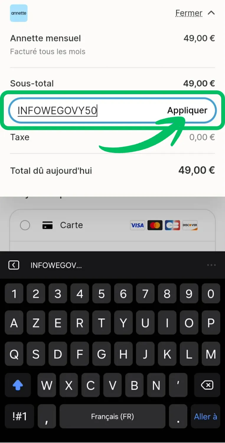 Saisir INFOWEGOVY50 puis toucher Appliquer