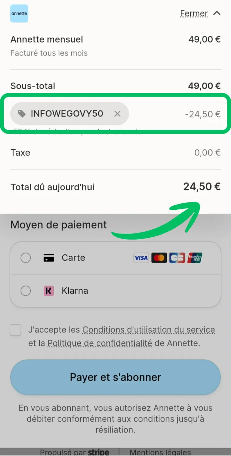 Le code INFOWEGOVY50 appliqué, total réduit de 49 à 24,50 euros