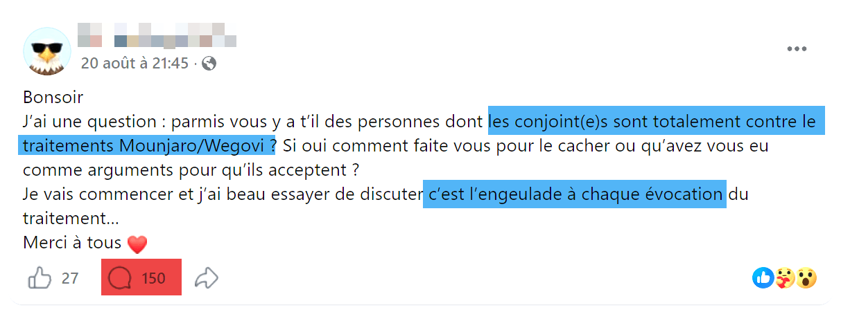 Discussion facebook d'une personne dont le coinjoint est opposé à son traitement par Mounjaro ou Wegovy