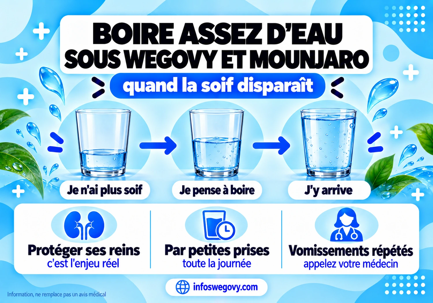 Boire assez d'eau sous Wegovy et Mounjaro : pourquoi la soif disparaît, les signes de déshydratation et les solutions pour boire davantage.