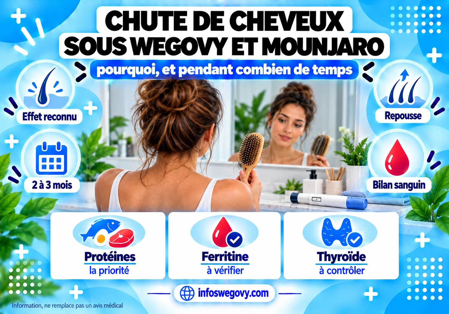 Chute de cheveux sous Wegovy et Mounjaro : effet reconnu, délai de deux à trois mois, repousse, et bilan sanguin à demander.