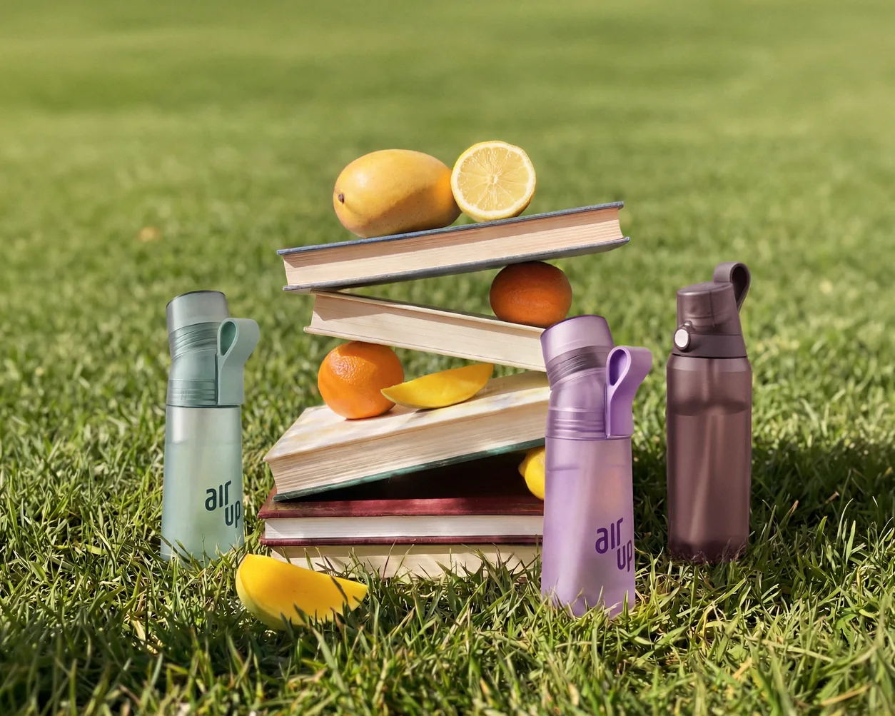 Trois gourdes air up posées dans l'herbe avec des citrons, des oranges et des mangues, qui évoquent les arômes diffusés par les capsules.